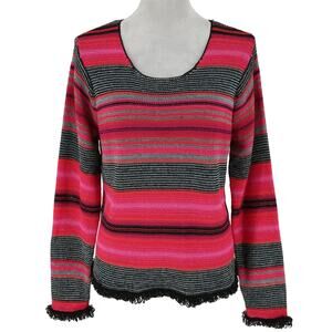 Sigrid Olsen Sport Sweater Womens Large Pink Black Stripe Sleeves Hem Fringe